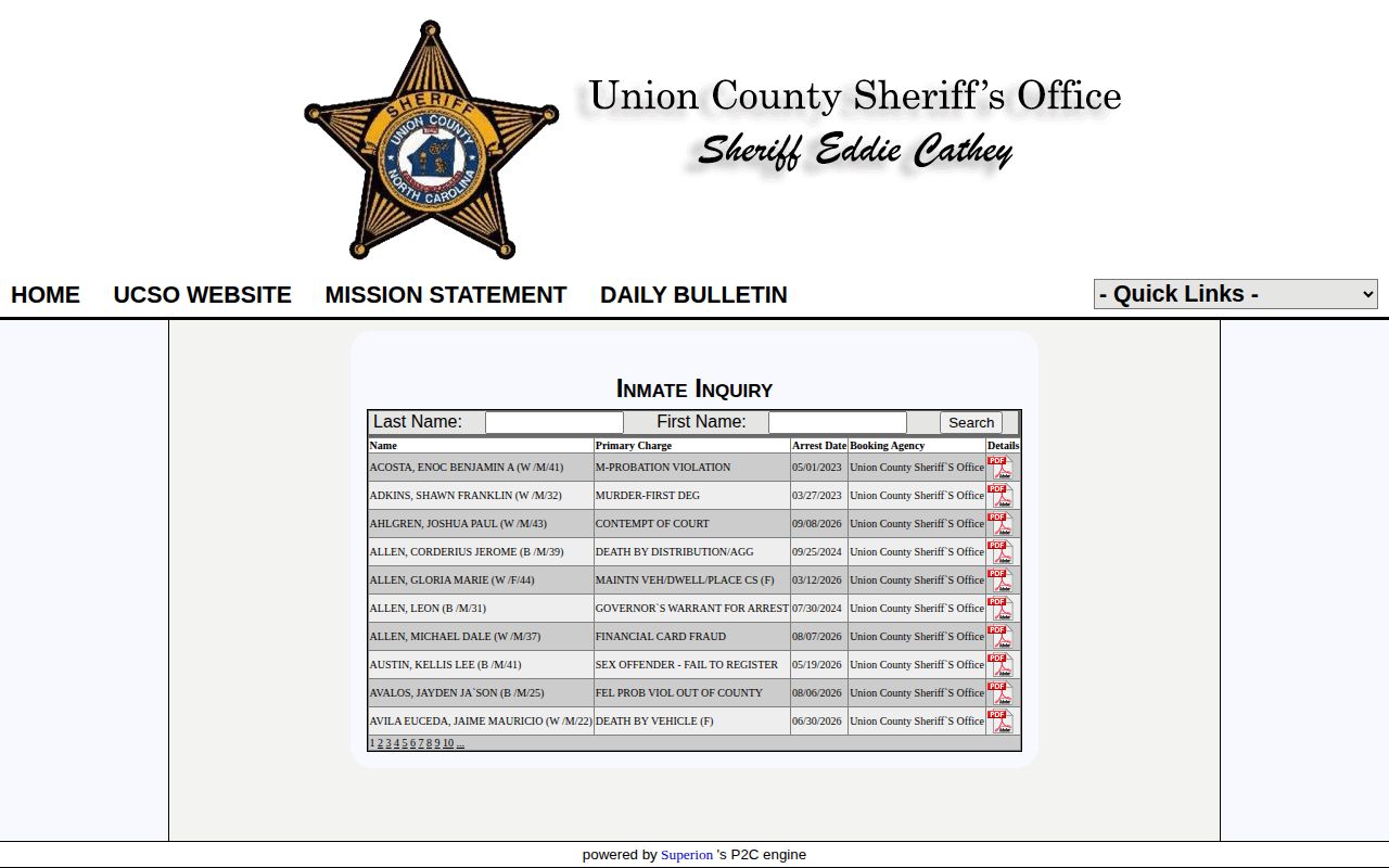 Union County jail roster and recent arrest search interface