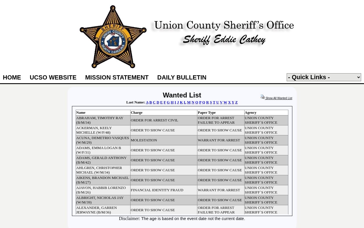 Union County arrest warrant and wanted list table