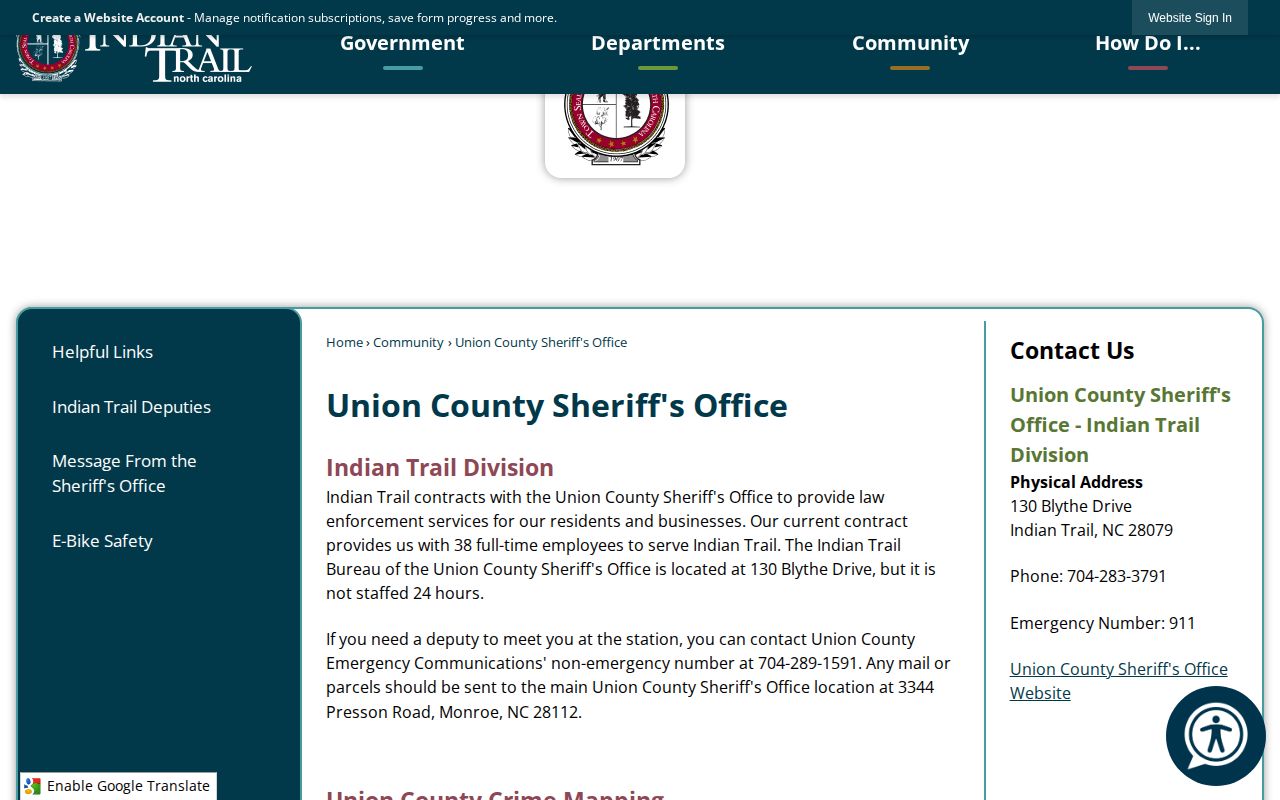 Indian Trail official page describing contracted Union County Sheriff services