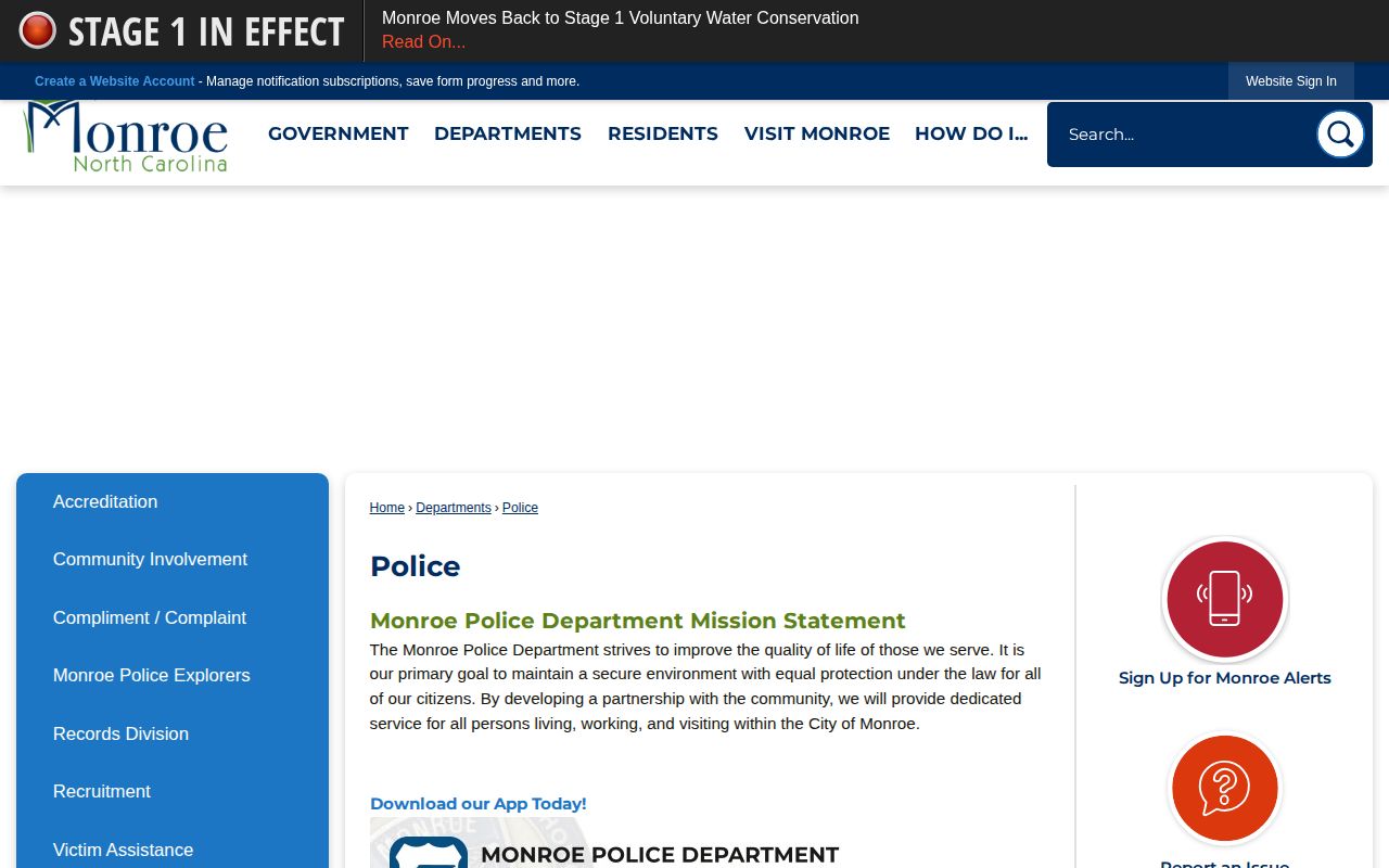 Official Monroe Police Department contact page