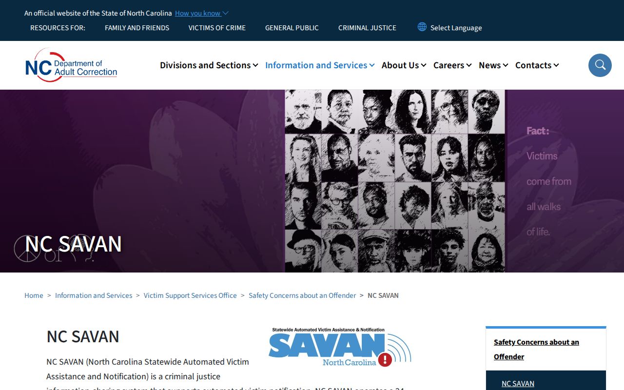 North Carolina NC SAVAN official victim notification information